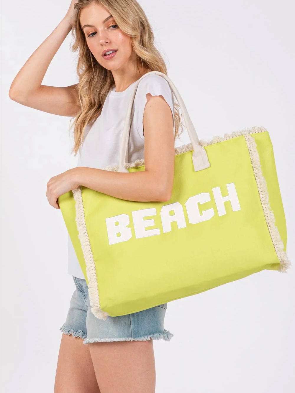 Stylish Lime Beach Tote Bag with 'BEACH' Print